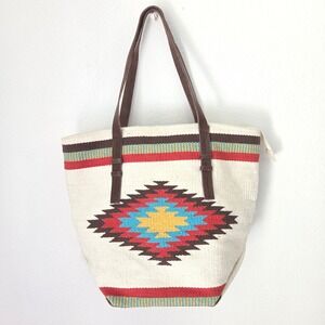 Prüne Woven Southwestern Geometric Tote Bag Cream Red Leather Straps Large
